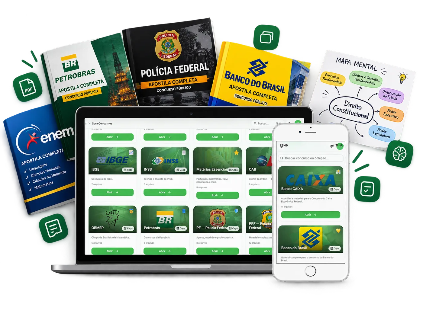 Acervo Sora Concursos: apostilas e materiais em PDF no notebook e no celular